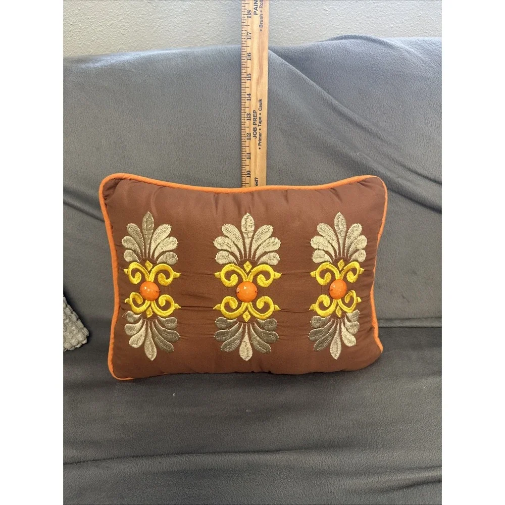 Brown Embroidered Decorative Throw Pillow Orange Gold Medallion 12x16 RN 91519